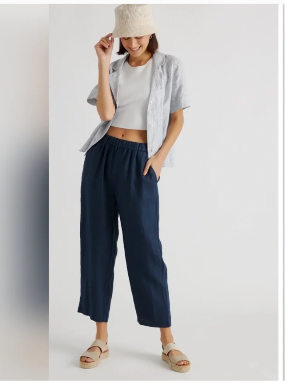 Quince Navy Wide Leg Linen Pull On Pants Sz M
